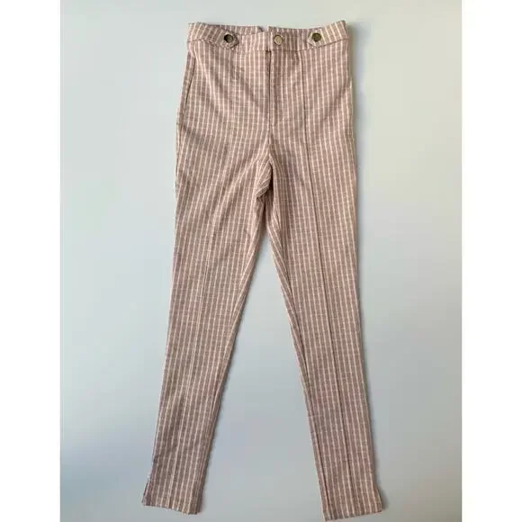 Forever 21 Nude Pink White Gingham High Waisted Fitted Ankle Length Pants Wms XS - Picture 4 of 10